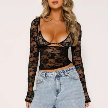 TUWIXIUW Women 3 Piece Lace Mini Skirt Set Long Sleeve Floral Lace Crop Top with Bra and Bodycon Mini Skirt Y2k Matching Set (Black, M)