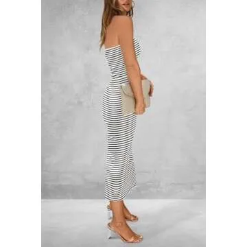 PRETTYGARDEN Women's Summer Bodycon Maxi Tube Dress Ribbed Strapless Side Slit Long Going Out Casual...