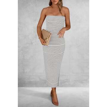 PRETTYGARDEN Women's Summer Bodycon Maxi Tube Dress Ribbed Strapless Side Slit Long Going Out Casual Elegant Party Dresses (Striped White Black,Small)