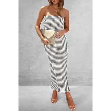 PRETTYGARDEN Women's Summer Bodycon Maxi Tube Dress Ribbed Strapless Side Slit Long Going Out Casual Elegant Party Dresses (Striped White Black,Small)