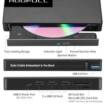 ROOFULL External CD DVD Drive USB 3.0 & USB-C, 8 IN 1 CD/DVD-ROM Player Burner +/-RW Disc Drive with SD/TF Card Reader + USB Hub + Carrying Case for Laptop Desktop PC Windows 11/10/8/7 Apple Mac Linux