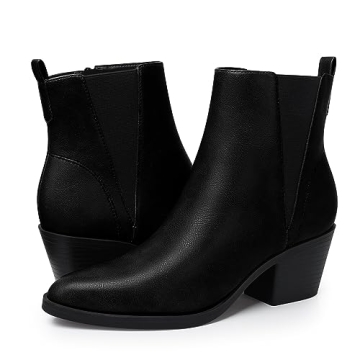 FAMITION Womens Ankle Boots Heel: Pure Black Pointed Toe Winter Fall Slip On Chelsea Booties Zipper ...