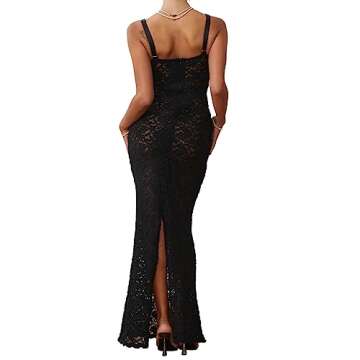 Women’s Cocktail Dress Sexy Lace Hollow Out Transparent Sleeveless Spaghetti Straps Slim Fit Maxi Party Club Evening Dress (as1, Alpha, s, Regular, Regular, Black)