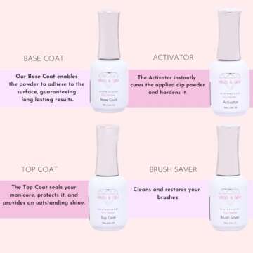 VIRGO & GEM 3 or 5 pcs Dipping Powder Liquid Set- 15ml Dip Powder Base Coat, Top Coat, Activator, Brush Saver and PH bond.
