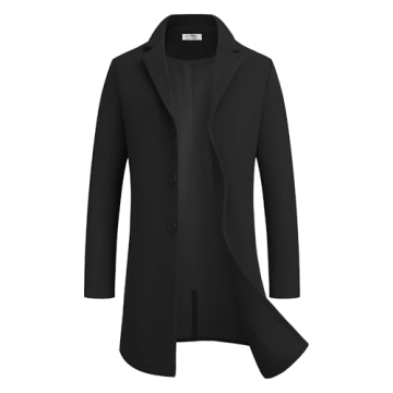 COOFANDY Men's Black Notched Collar Winter Wool Coat - Stylish Mid-Long Trench