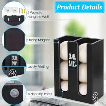 Ukonvi Magnetic Dryer Ball Holder for Laundry Room Organization, Wood Dryer Ball Container Wall Mount, Dryer Balls Organizer for Laundry Room Storage, Laundry Wool Dryer Ball Dispenser Basket (Black)