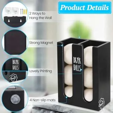 Ukonvi Magnetic Dryer Ball Holder for Laundry Room Organization, Wood Dryer Ball Container Wall Mount, Dryer Balls Organizer for Laundry Room Storage, Laundry Wool Dryer Ball Dispenser Basket (Black)