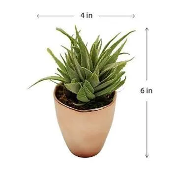 Small Faux Aloe Succulent in Rose Gold Ceramic Planter - 4 x 6 Inches - Marmeda Decor Potted Artificial Plant in Shiny Copper Glazed Pot - Global Modern Metallic Decor for Home or Office
