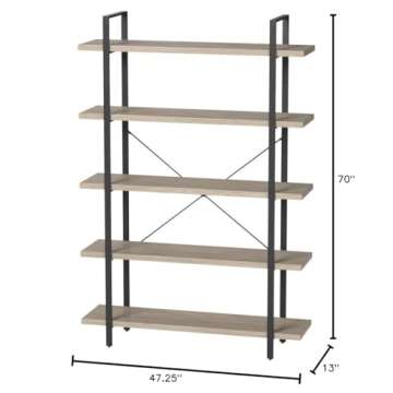 Sorbus Bookshelf 5 Tiers Open Vintage Rustic Bookcase Storage Organizer, Modern Industrial Style Book Shelf Furniture for Living Room Home or Office, Wood Look & Metal Frame (5-Tier, Light Grey)