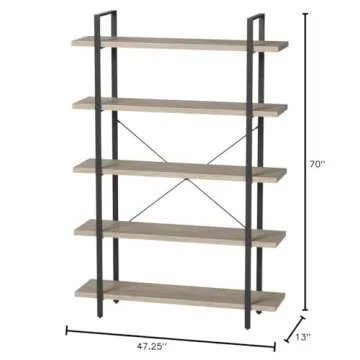 Sorbus Bookshelf 5 Tiers Open Vintage Rustic Bookcase Storage Organizer, Modern Industrial Style Book Shelf Furniture for Living Room Home or Office, Wood Look & Metal Frame (5-Tier, Light Grey)