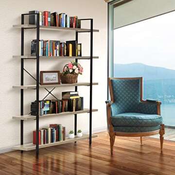 Sorbus Bookshelf 5 Tiers Open Vintage Rustic Bookcase Storage Organizer, Modern Industrial Style Book Shelf Furniture for Living Room Home or Office, Wood Look & Metal Frame (5-Tier, Light Grey)