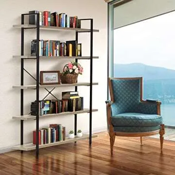 Sorbus Bookshelf 5 Tiers Open Vintage Rustic Bookcase Storage Organizer, Modern Industrial Style Book Shelf Furniture for Living Room Home or Office, Wood Look & Metal Frame (5-Tier, Light Grey)