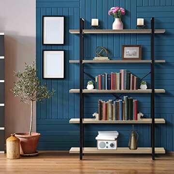 Sorbus Bookshelf 5 Tiers Open Vintage Rustic Bookcase Storage Organizer, Modern Industrial Style Book Shelf Furniture for Living Room Home or Office, Wood Look & Metal Frame (5-Tier, Light Grey)