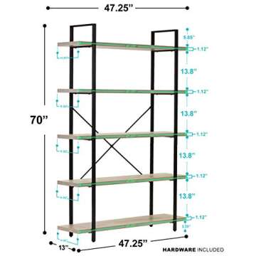 Sorbus Bookshelf 5 Tiers Open Vintage Rustic Bookcase Storage Organizer, Modern Industrial Style Book Shelf Furniture for Living Room Home or Office, Wood Look & Metal Frame (5-Tier, Light Grey)