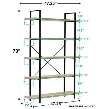 Sorbus Bookshelf 5 Tiers Open Vintage Rustic Bookcase Storage Organizer, Modern Industrial Style Book Shelf Furniture for Living Room Home or Office, Wood Look & Metal Frame (5-Tier, Light Grey)