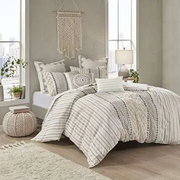 INK+IVY Comforter for King Size Bed, Chenille Tufted, Breathable Cotton Comforter Set King, All Season Modern Boho Comforter with Farmhouse Bedding Flare, 2 Matching Shams, King Ivory 3 Piece