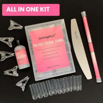 GlimightyX Polygel Nail Forms Kit for Toes Square Polygel Toenails Dual Forms Reusable with 1.35oz Nail Slip Solution Anti-Stick,with Dual-Ended Brush,Nail File and Nail Clips,12 Sizes 120Pcs