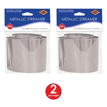 Beistle 2 Piece Indoor Outdoor Metallic Plastic Birthday Streamers for Wedding Receptions, Graduation Parties, New Year's Eve Decorations, 2" x 200', Silver