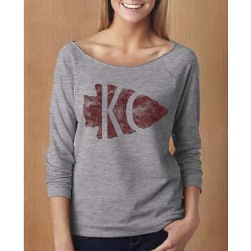 Womens Football Heart KC Light Weight Raglan Sweatshirt "Kansas City" Royaltee Arrowhead Shirts, Heather Grey, Large