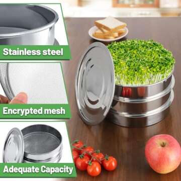 Aulock Stainless Steel Seed Sprouting Kit - 3-Tier Stackable Seed Sprouter Tray 7.9 Dia, Round Sprout Maker with Encrypted Mesh Sprouts Grower for Beans Broccoli Sprout Alfalfa Seeds Wheat Grass