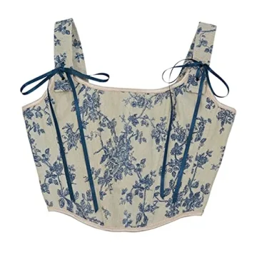 FAVIPT Women Corset Top Blue Lace-Up Off-Shoulder