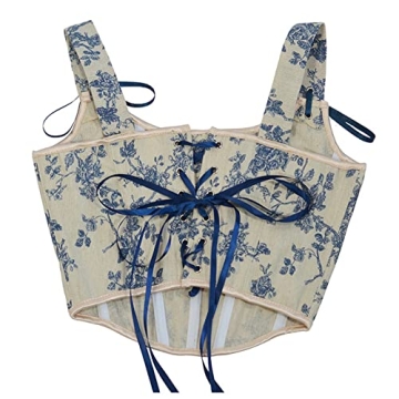 FAVIPT Women Corset Top Blue Lace-Up Off-Shoulder