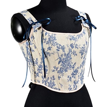 FAVIPT Women Corset Top Blue Lace-Up Off-Shoulder