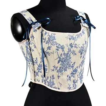 FAVIPT Women Corset Top Blue Lace-Up Off-Shoulder