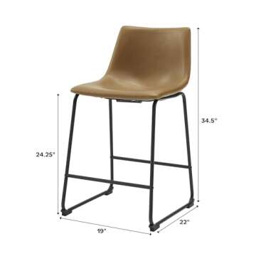 Walker Edison Douglas Urban Industrial Faux Leather Armless Counter Chairs, Set of 2, Whiskey Brown