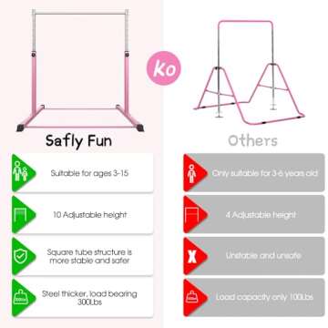 Safly Fun Gymnastics Bar for Kids Ages 3-15 for Home - Steady Steel Construction, Anti-Slip, Easy to...