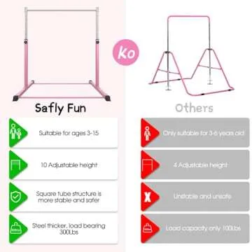 Safly Fun Gymnastics Bar for Kids Ages 3-15 for Home - Steady Steel Construction, Anti-Slip, Easy to...