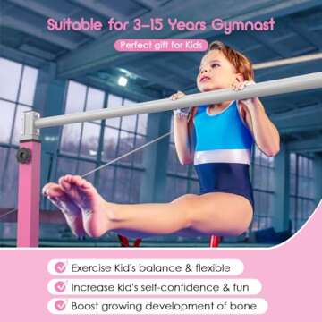 Safly Fun Gymnastics Bar for Kids Ages 3-15 for Home - Steady Steel Construction, Anti-Slip, Easy to Assemble, 3' to 5' Adjustable Height