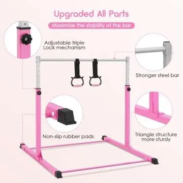 Safly Fun Gymnastics Bar for Kids Ages 3-15 for Home - Steady Steel Construction, Anti-Slip, Easy to Assemble, 3' to 5' Adjustable Height