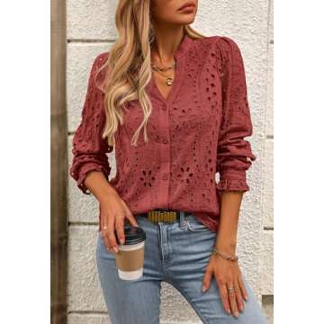 NALANISA Women's Fashion Long Sleeve Button Down Blouse Dressy Casual V Neck Eyelet Embroidery Hollo...
