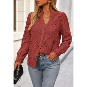 NALANISA Women's Fashion Long Sleeve Button Down Blouse Dressy Casual V Neck Eyelet Embroidery Hollow Out Tops Work Shirts(Brown Red,XL)