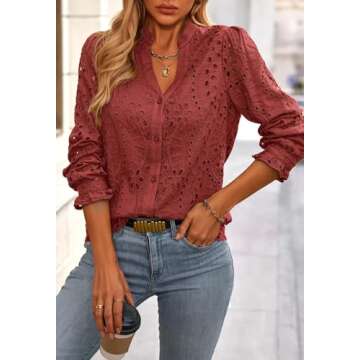 NALANISA Women's Fashion Long Sleeve Button Down Blouse Dressy Casual V Neck Eyelet Embroidery Hollow Out Tops Work Shirts(Brown Red,XL)
