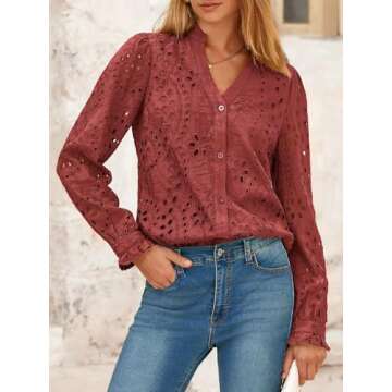 NALANISA Women's Fashion Long Sleeve Button Down Blouse Dressy Casual V Neck Eyelet Embroidery Hollow Out Tops Work Shirts(Brown Red,XL)