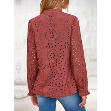 NALANISA Women's Fashion Long Sleeve Button Down Blouse Dressy Casual V Neck Eyelet Embroidery Hollow Out Tops Work Shirts(Brown Red,XL)