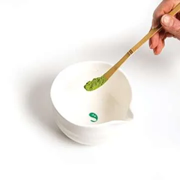 Jade Leaf Matcha Traditional Porcelain Tea Bowl with Pour Spout - Hand Made Porcelain with White Mat...