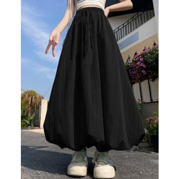 Yimoon Women Bubble Skirt Y2k High Waisted A-Line Long Skirt Ruffle Pleated Summer Casual Puff Midi Dress (Black-M)