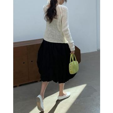 Yimoon Women Bubble Skirt Y2k High Waisted A-Line Long Skirt Ruffle Pleated Summer Casual Puff Midi Dress (Black-M)