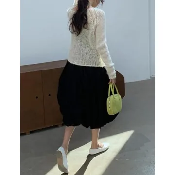 Yimoon Women Bubble Skirt Y2k High Waisted A-Line Long Skirt Ruffle Pleated Summer Casual Puff Midi Dress (Black-M)