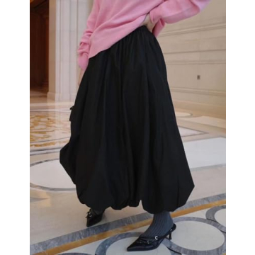Yimoon Women Bubble Skirt Y2k High Waisted A-Line Long Skirt Ruffle Pleated Summer Casual Puff Midi Dress (Black-M)