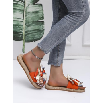 OYOANGLE Women's Bow Decor Slide Sandals Outdoor Flat Sandals Vacation Summer Open Toe Single Band Slip on Slide Sandal Orange CN37