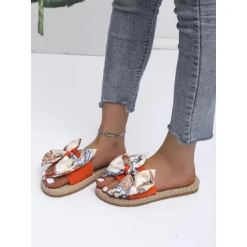 OYOANGLE Women's Bow Decor Slide Sandals Outdoor Flat Sandals Vacation Summer Open Toe Single Band Slip on Slide Sandal Orange CN37