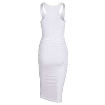 Missufe Women's Sleeveless Racerback Tank Ruched Bodycon Sundress Midi Fitted Casual Dress (Sleeveless Ivory White, Medium)