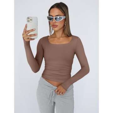 Trendy Queen Womens Long Sleeve Shirts Crop Tops Square Neck Going Out Basics Tees Y2K Winter Clothes 2025 Coffee Grey XS