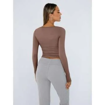 Trendy Queen Womens Long Sleeve Shirts Crop Tops Square Neck Going Out Basics Tees Y2K Winter Clothes 2025 Coffee Grey XS