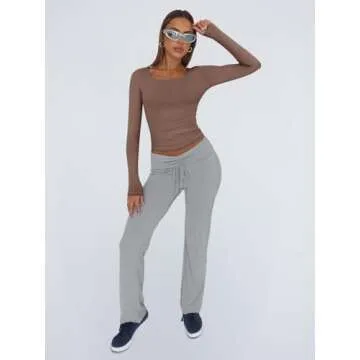 Trendy Queen Womens Long Sleeve Shirts Crop Tops Square Neck Going Out Basics Tees Y2K Winter Clothes 2025 Coffee Grey XS