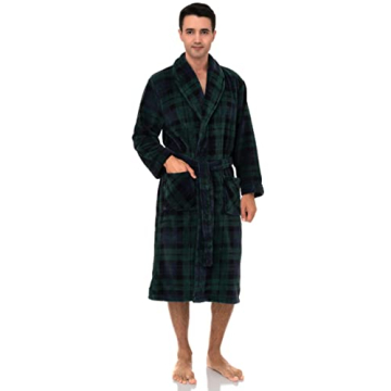 TowelSelections Men's Fleece Robe, Plush Shawl Collar Spa Bathrobe X-Small/Small Green-Navy Plaid